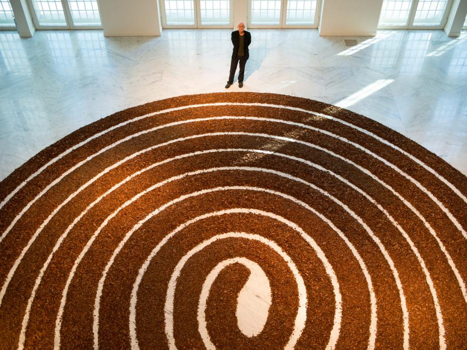 An aerial of mulch in a spiral formation on the floor